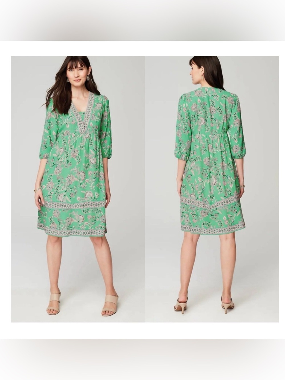 NEW‎ J. Jill XL Green Pastel Garden Floral Pink Border Knee Length Peasant Dress